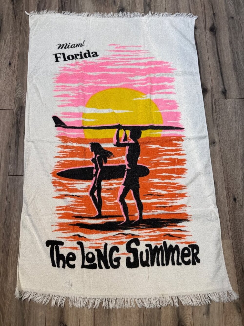 VTG 60/70's Cannon Miami Florida Beach Towel Fringe & The Long Summer Print 58"